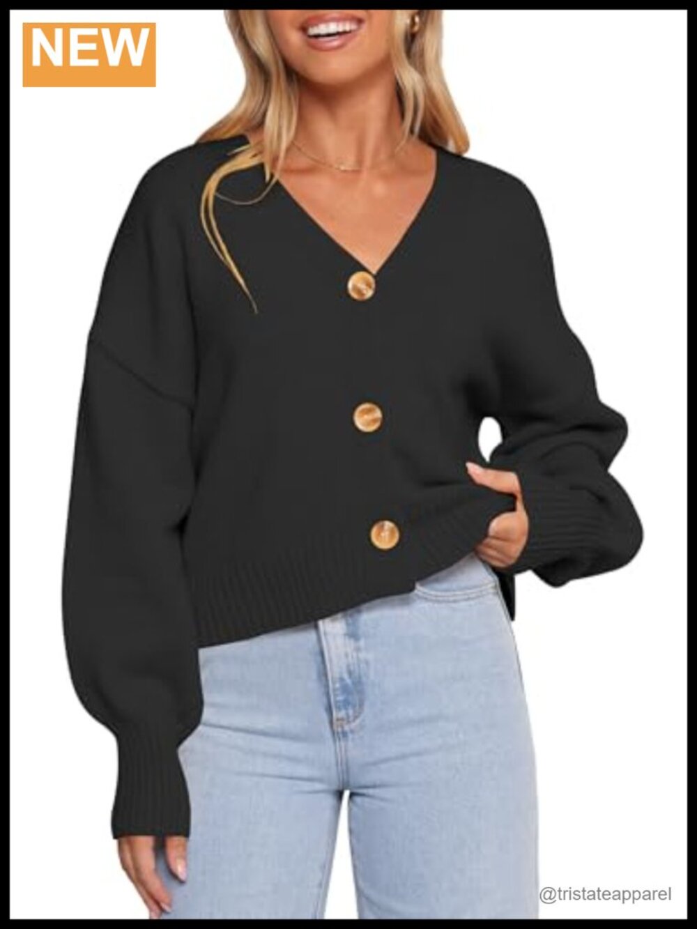Women's V-Neck Cropped Cardigan, Lightweight Lantern Long Sleeve Knit Sweater